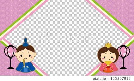Cute Hina dolls and Japanese pattern diamond-shaped Hinamatsuri frame / purple Cute Hina dolls and Japanese pattern diamond-shaped Hinamatsuri frame / purple 135897915
