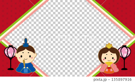 Cute Hina dolls and Japanese pattern diamond-shaped Hinamatsuri frame / red 135897916