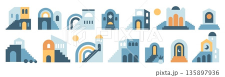 Architecture boho elements. Urban mini night compositions, contemporary building elements, blue stairs, city walls and arches, geometric bohemian shapes, garish vector flat style isolated set 135897936