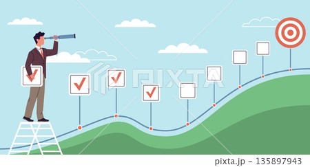 Business planning. Moving towards goal, man looks through telescope, marked completed items, project development, strategy steps, progress control, nowaday vector cartoon isolated concept 135897943