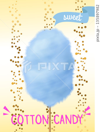 Cotton candy. Colorful sugar floss on stick. Blue fluffy realistic dessert, sweet confectionery. Flyer or vertical poster design. Menu snack, party or carnival food. Vector illustration 135897982