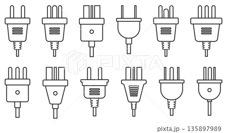 Electric plug line icons. Different power sockets connectors, various types for countries, pins number and location, catalog visualization isolated elements, qualitative vector outline set 135897989