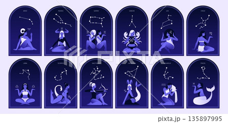 Female zodiac signs cards. Astrological contemporary characters, beautiful women images in horoscope symbols, femininity design, arched frames with beautiful girls tidy vector set 135897995