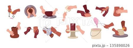 Potters hands. Ceramists work with clay, wheel modeling, glazing and painting, crockery creating, workshop crafting process, handmade art craft product, tidy vector cartoon isolated set 135898026
