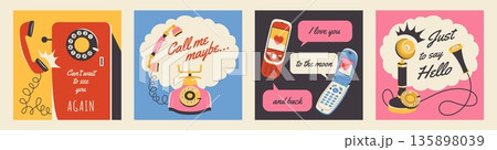 Retro phone banners. Long distance conversations devices, retro apparatus with tubes, wires and dial discs, push buttons, speech fun text bubbles cartoon flat isolated tidy vector set Retro phone banners. Long distance conversations devices, retro apparatus with tubes, wires and dial discs, push buttons, speech fun text bubbles cartoon flat isolated tidy vector set 135898039