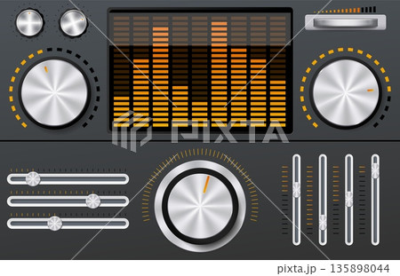 Sound equalizer with sliders. Realistic music panel, metal volume buttons control, regulators, audio mixing console, device screen digital media player sound display, qualitative vector set Sound equalizer with sliders. Realistic music panel, metal volume buttons control, regulators, audio mixing console, device screen digital media player sound display, qualitative vector set 135898044