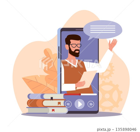 Tutorials. Online lectures and education courses, virtual school, distance learning, video lesson or webinar, teacher on smartphone device screen, mobile app vector cartoon isolated concept 135898046