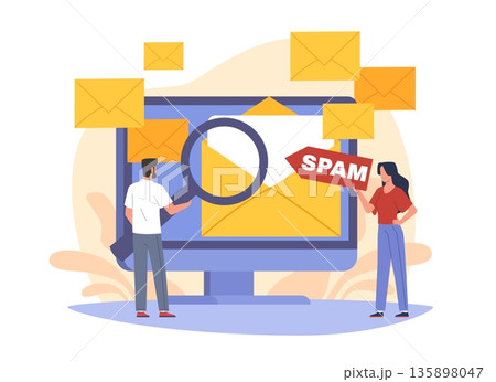 Unsolicited messages, malware distribution. Spam mailing list, orange message envelopes, inbox protection, envelopes on monitor, clean and secure with magnifying glass vector cartoon concept Unsolicited messages, malware distribution. Spam mailing list, orange message envelopes, inbox protection, envelopes on monitor, clean and secure with magnifying glass vector cartoon concept 135898047