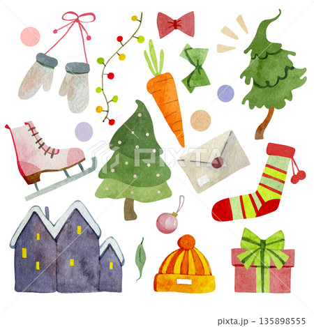 Set of illustrations with elements of winter, New Year and Christmas. 135898555