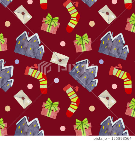 Christmas seamless pattern with different holiday elements: house, gifts, socks. 135898564