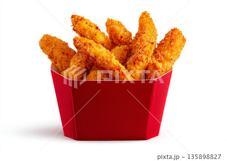 Crispy golden breaded chicken strips in red container, perfect for tasty snack or meal with crunchy texture and savory flavor 135898827