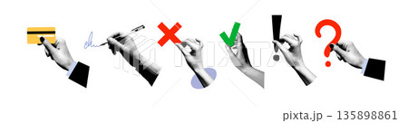 A collection of hands holding business symbols a credit card, a pen, a checkmark, a cross, an exclamation mark, and a question mark. Halftone dotted collage illustration. Concept symbols for decision A collection of hands holding business symbols a credit card, a pen, a checkmark, a cross, an exclamation mark, and a question mark. Halftone dotted collage illustration. Concept symbols for decision 135898861