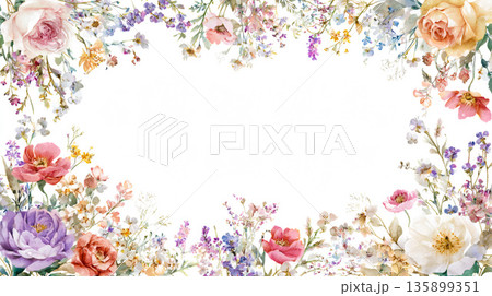 カラフルな野花とグリーンが上下を彩るナチュラルなフレーム背景 135899351