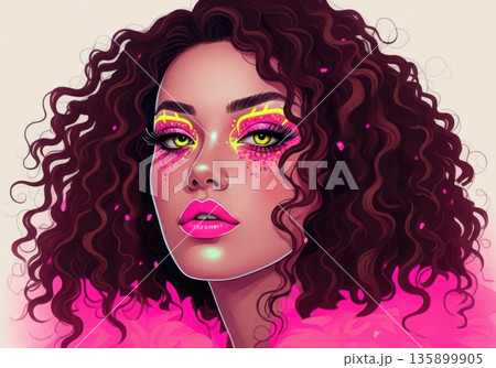 Vibrant portrait of a woman with curly hair and bold makeup 135899905