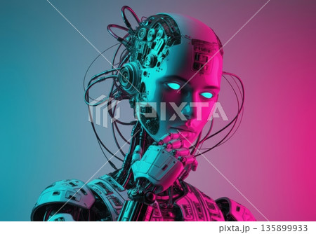 Futuristic robot with glowing eyes and intricate circuitry in vibrant colors Futuristic robot with glowing eyes and intricate circuitry in vibrant colors 135899933