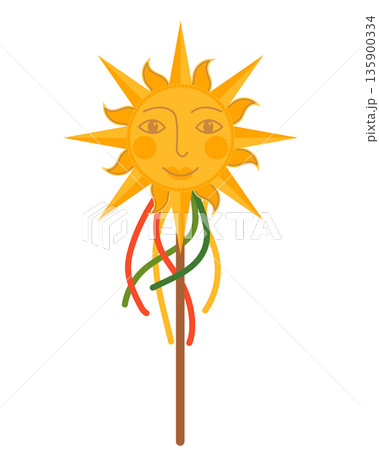 A sun on a pole, decorated with ribbons. Vector clipart. Russian Maslenitsa decoration. A traditional Slavic symbol. A holiday marking the end of winter and the arrival of spring. 135900334