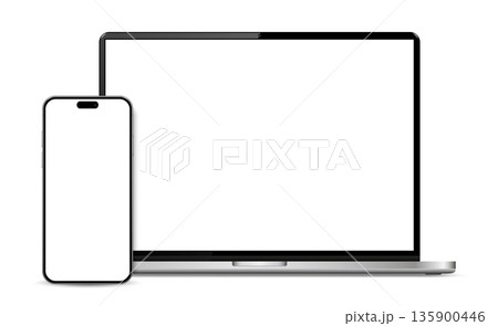 Modern laptop front view and smartphone mockup isolated on white background 135900446