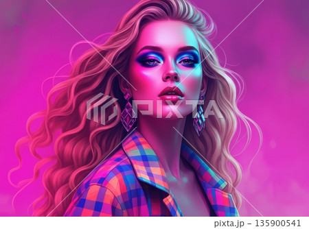 Glamorous woman with vibrant makeup and stylish hair against a colorful background 135900541