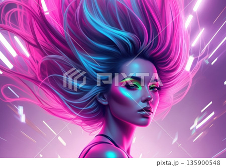 Vibrant portrait of a woman with colorful hair and striking makeup 135900548