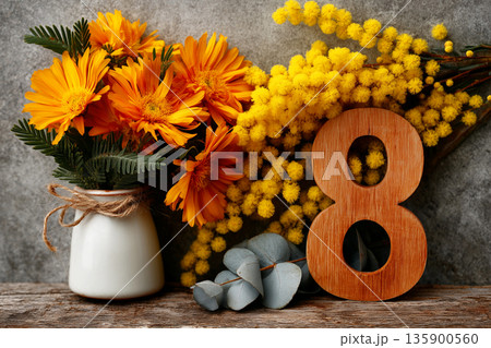 Mimosa flowers and daisies with number eight 135900560