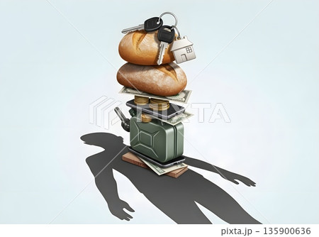 Daily Life Burden Essentials Stacked on Human Shadow Representing Cost of Living Crisis 135900636