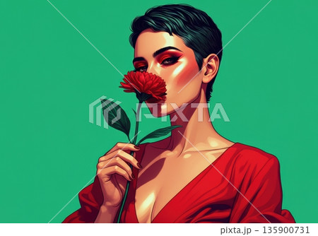 Woman holding a red flower, embodying beauty and confidence in a vibrant portrait 135900731
