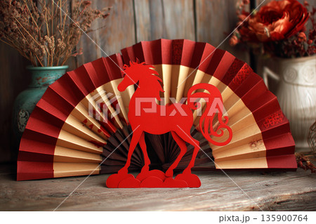 Red Horse Papercut with Fan Rustic Chinese New Year Scene Red Horse Papercut with Fan Rustic Chinese New Year Scene 135900764