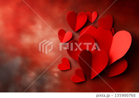 Red Paper Hearts Floating on Romantic Background 135900768