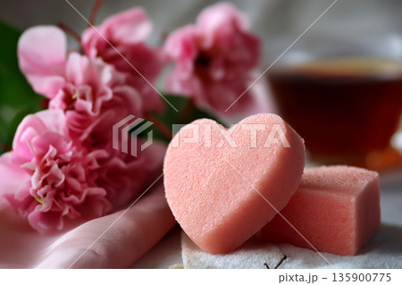 Pink Heart Soap with Flowers Romantic Spa Concept Pink Heart Soap with Flowers Romantic Spa Concept 135900775