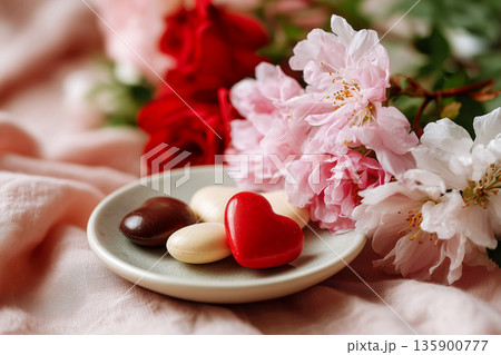 Romantic Table Setting with Hearts and Flowers 135900777