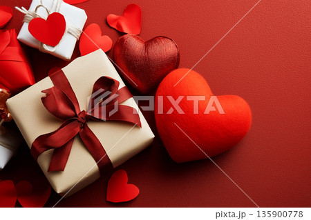 Gift Box with Red Hearts on Romantic Background 135900778