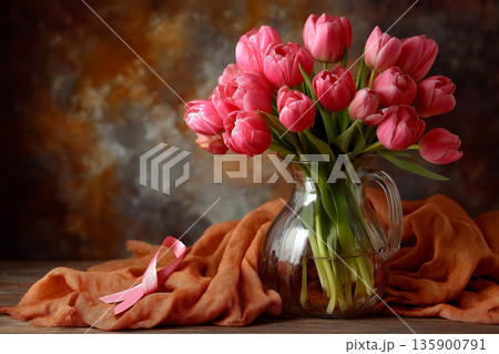 Pink tulips bouquet in rustic still life 135900791