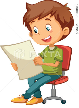 Cartoon boy is holding a blank sheet of paper and smiling Cartoon boy is holding a blank sheet of paper and smiling 135900817