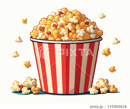 Overflowing popcorn bucket jumping out on white background Overflowing popcorn bucket jumping out on white background 135900826