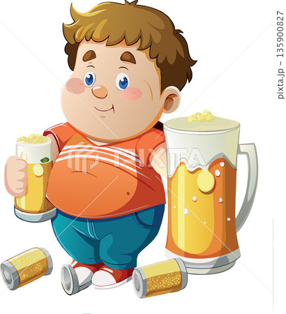 Overweight boy holding a beer glass and surrounded by cans 135900827