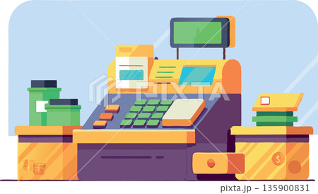 Modern electronic cash register accepting contactless payment in grocery store 135900831