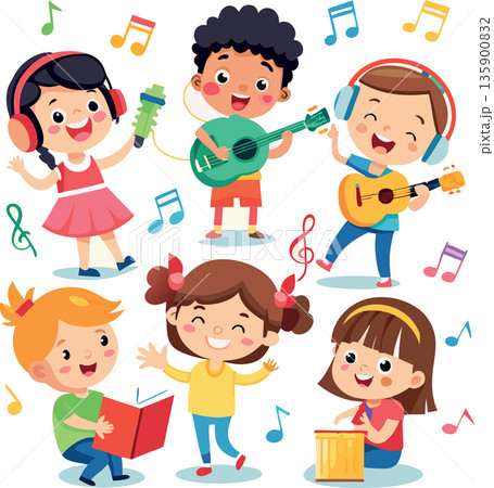 Diverse group of children playing musical instruments and singing Diverse group of children playing musical instruments and singing 135900832
