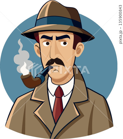 Serious detective character smoking pipe and wearing hat Serious detective character smoking pipe and wearing hat 135900843