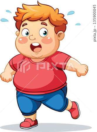 Overweight boy running and sweating cartoon illustration 135900845