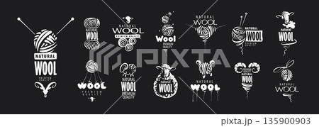 Monochrome textiles with handcrafted emblems and symbols. Elegant black and white wool logos featuring vintage emblems and crafted sheep icons 135900903