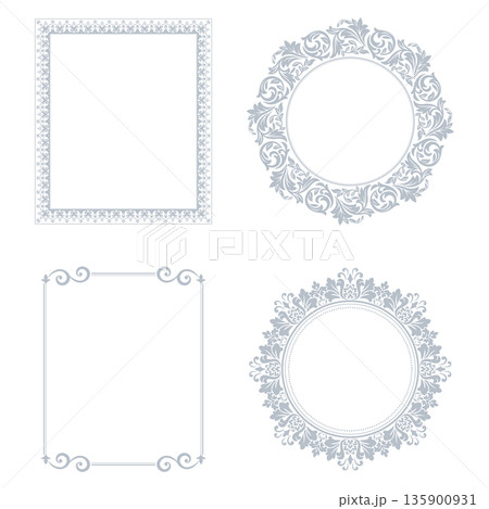 Set of decorative frames Elegant vector element for design in Eastern style, place for text. Floral gray and white frames. Lace illustration for invitations and greeting cards Set of decorative frames Elegant vector element for design in Eastern style, place for text. Floral gray and white frames. Lace illustration for invitations and greeting cards 135900931