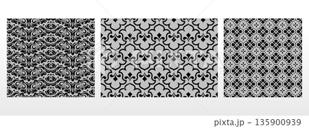 Geometric floral set of seamless patterns. Gray and black vector backgrounds. Damask graphic ornaments Geometric floral set of seamless patterns. Gray and black vector backgrounds. Damask graphic ornaments 135900939