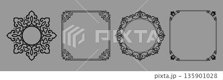 Set of decorative frames Elegant vector element for design in Eastern style, place for text. Floral black and gray frames. Lace illustration for invitations and greeting cards 135901028