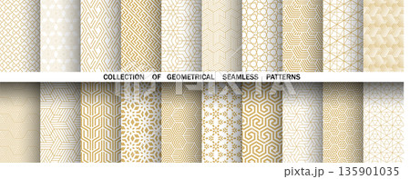 Geometric set of seamless golden and white patterns. Simple vector graphics 135901035