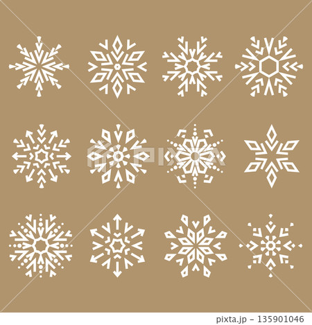 Snowflakes vector icon collection. Graphic modern beige and white ornament Snowflakes vector icon collection. Graphic modern beige and white ornament 135901046