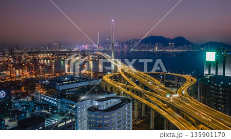 Jan 10 2026 Night Lights Illuminate Stonecutters Bridge Spanning Victoria Harbour Jan 10 2026 Night Lights Illuminate Stonecutters Bridge Spanning Victoria Harbour 135901170
