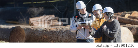 注文住宅などの家を建てる木材や建材を見学する施主、マイホームの家づくりは建材からのイメージ 135901210