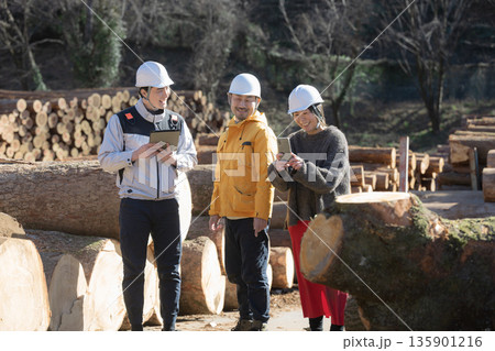 注文住宅などの家を建てる木材や建材を見学する施主、マイホームの家づくりは建材からのイメージ 相談や会 注文住宅などの家を建てる木材や建材を見学する施主、マイホームの家づくりは建材からのイメージ 相談や会 135901216