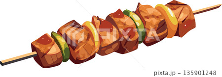 Grilled meat and vegetables on a skewer creating appetizing dish 135901248