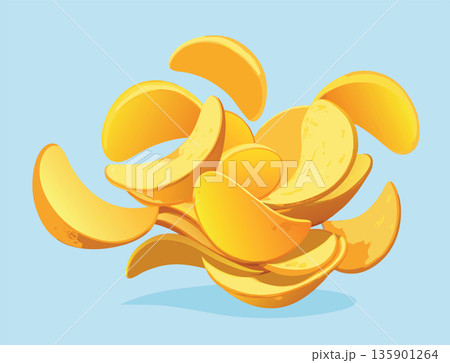 Bunch of potato chips are flying through the air 135901264